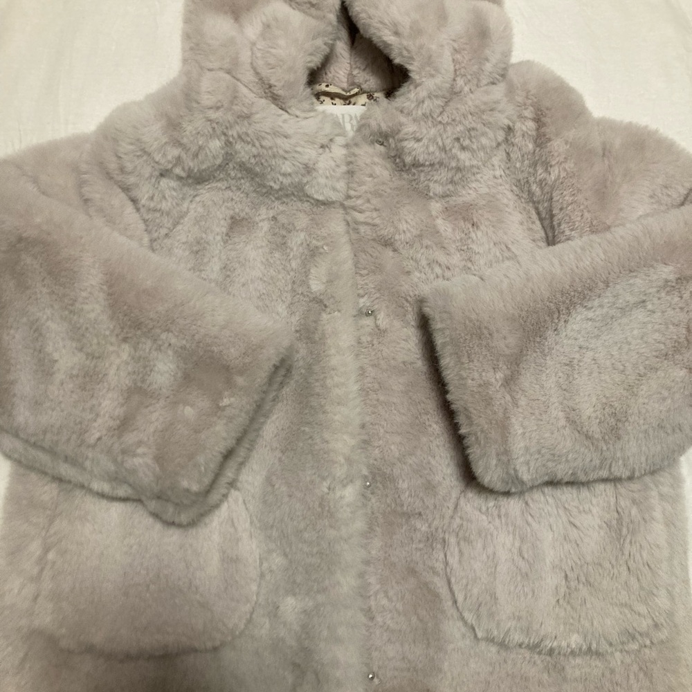 Zara Girls' Hooded Faux Fur Coat - Light Beige